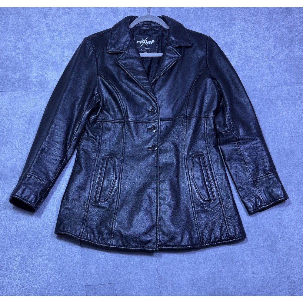 Maxima Wilsons Leather Womens M Black Genuine Leather Blazer Jacket Y2K 3 Button